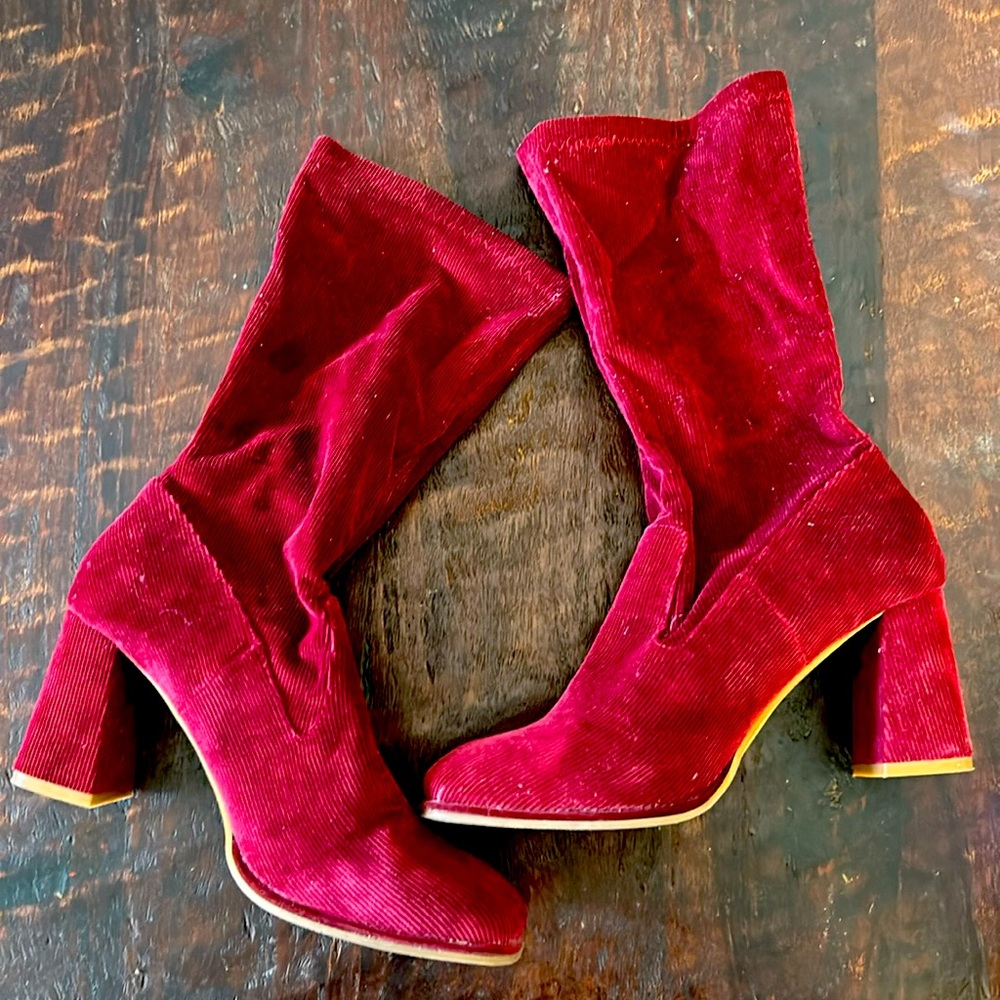 Red Corduroy High Heeled Boots